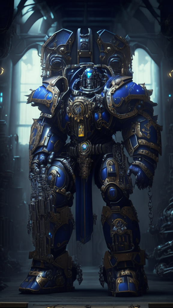 a Warhammer 40K inspired space marine in a futuristic powered exosuit with ornate gothic armor plates, carrying futuristic weapons in a dark grim industrial complex