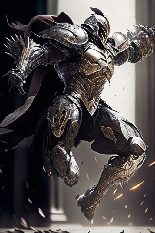 a futuristic armored warrior in a powered suit of aged battle-worn armor, leaping into action with arm raised and cape billowing, the armor design combines spartan helmets, templar crosses and gothic ornamentation redesigned for sci fi