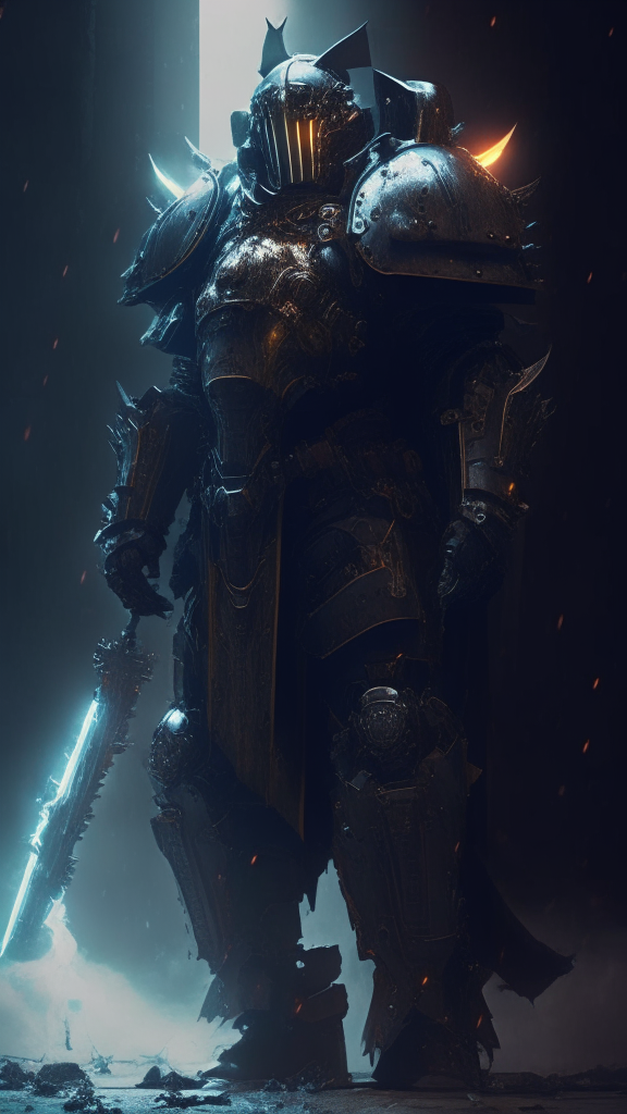 A futuristic armored soldier with Templar and Warhammer 40k influences, standing in a dark ambiance, with mechanical armor details, materials, and ethereal smoke effects as described, suggestive of a time period 5000 years in the future