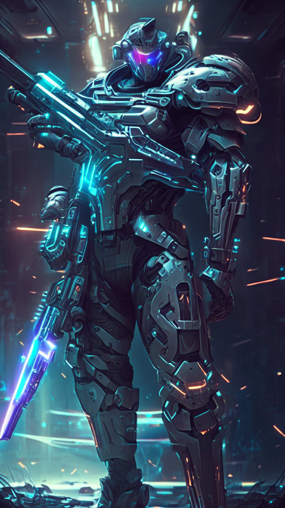 A futuristic soldier with a determined human face and stance, covered in advanced mechanical armor plating, holding a high tech rifle and energy sword, surrounded by holograms and machinery