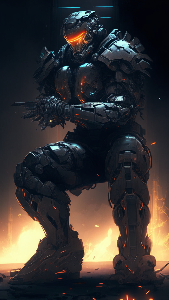 A futuristic armored soldier in a crouched pose, surrounded by mechanical parts and dark smoke, wearing advanced armor plating with glowing details, holding a high tech weapon
