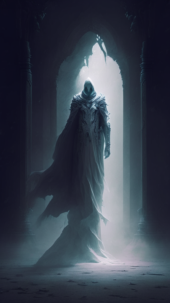 a phantom male figure in ethereal armor, standing in an eerie setting