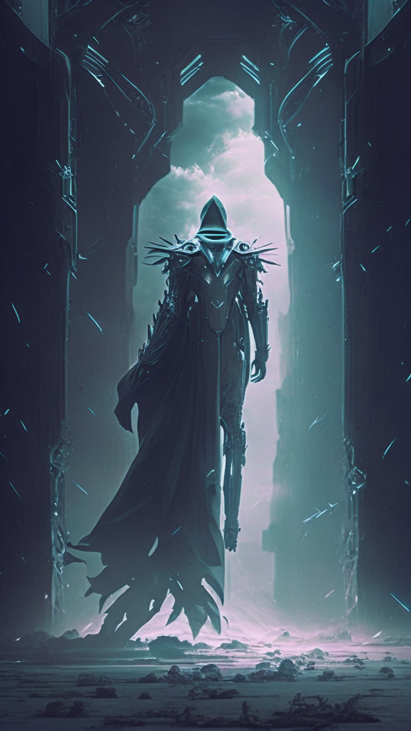 a phantom male figure in ethereal armor standing in an eerie setting with futuristic technology