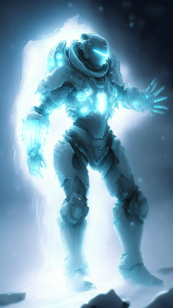 A figure in an exosuit designed for frost magic. The exosuit exhibits frost magic effects through icy mist, frost and icicles. The materials of the exosuit shine with a cold light. The figure is in a pose casting frost spells. The overall ambiance is cold and frosty.