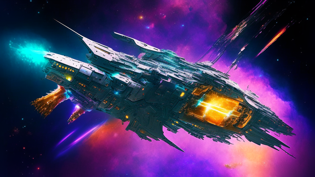 A massive futuristic battleship spaceship cruising through space. The design incorporates massive engines, weapons turrets, and shielding arrays. The battleship is made of metal armor plating with transparent sections. Smaller spacecraft are visible. The battleship moves through a colorful nebula. The colors come from the nebula, ship lights and engine emissions.