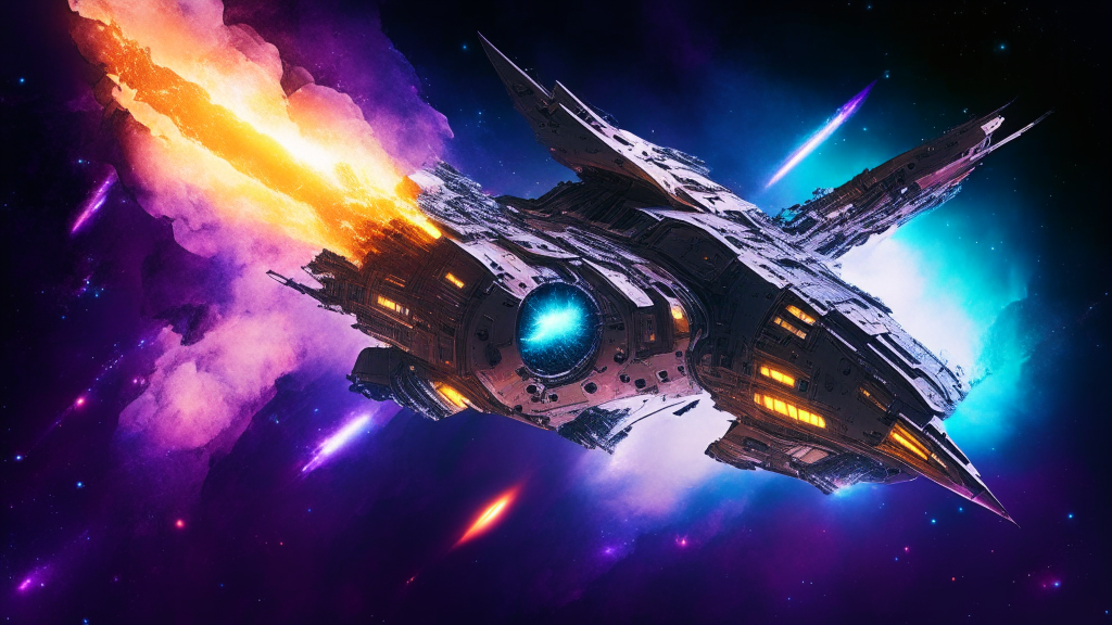 A massive futuristic battleship spaceship exhibiting its power by cruising through a nebula. The design incorporates massive engines, weapons turrets, and shielding arrays. Smaller spacecraft are visible. The battleship is made of metal armor plating with transparent sections. The colors come from the nebula, ship lights and engine emissions.