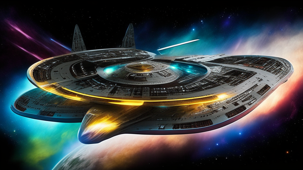 A powerful Federation starship reminiscent of the USS Enterprise cruising through space. The sleek design features a saucer section, hull, warp nacelles, photon torpedo launchers, and phaser arrays. The starship is made of futuristic materials with viewscreens and registry markings. The starship warps through a nebula. The colors come from the ship's hull, nebula and warp emissions.