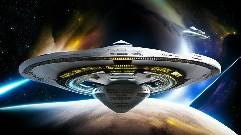 A Starfleet Federation starship in orbit of an alien planet showcasing its purpose of space exploration and discovery The sleek and futuristic design features a saucer section, hull, warp nacelles and phaser arrays The starship is made of futuristic materials like tritanium and duranium with viewscreens and registry markings The starship orbits against a backdrop of stars conveying the grandeur and wonder of space exploration The colors come from the starship's hull, viewscreens and warp nacelles