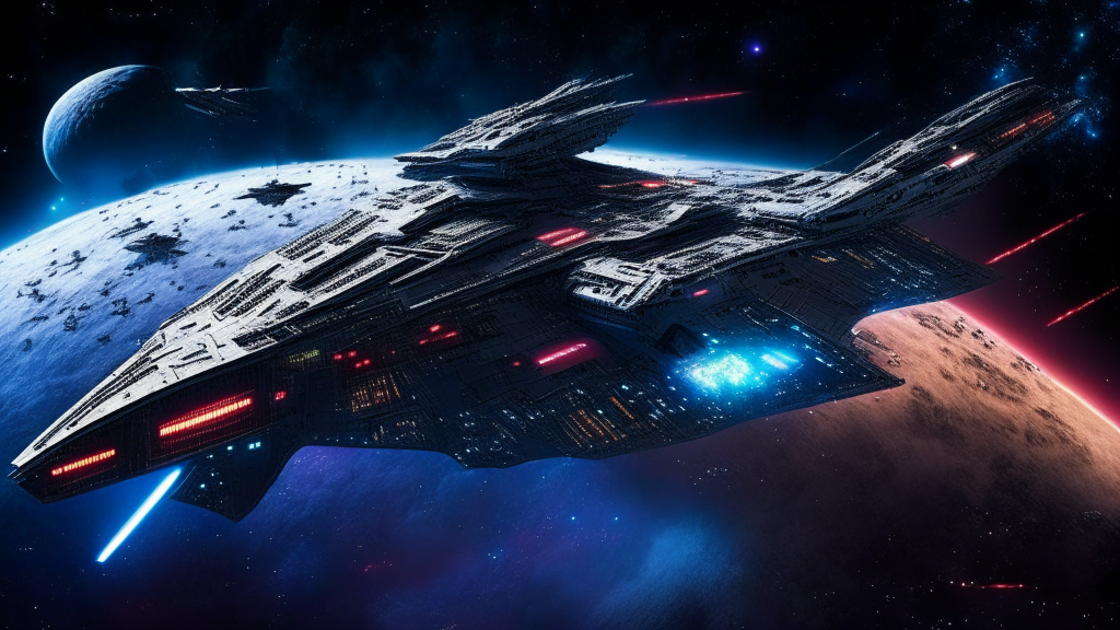 An Imperial Star Destroyer cruising through space showcasing its might and power The massive futuristic design features massive engines, weapon batteries, and shield generators The starship is made of metal armor plating with viewports and markings The starship moves against a backdrop of stars conveying the vastness of space The colors come from the ship's lights, engine glow and surrounding space