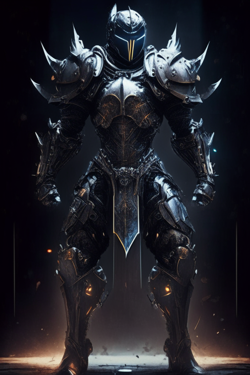 a futuristic knight in powered armor standing in a dynamic pose, religious symbols, advanced weapon, worn metal finish, dark gritty background