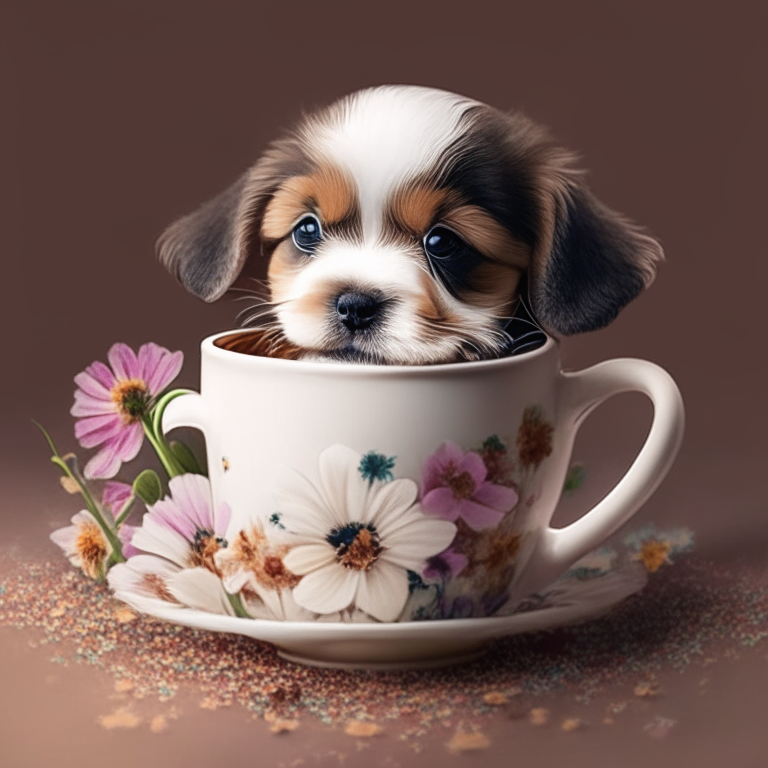 a puppy drinking coffee from a floral cup
