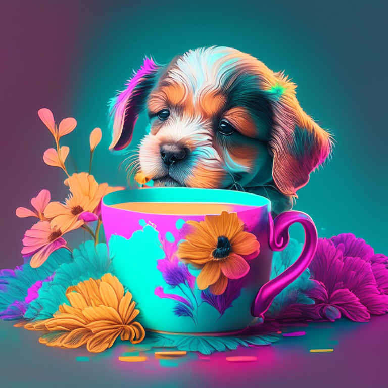 a puppy drinking coffee from a floral cup designed with bright neon colors and pastel hues