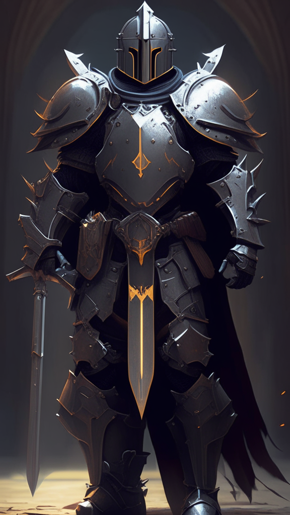 A Vostic Knight of a holy order stands ready, wearing powered armor that is organic and rounded in shape with streamlined plates, a stylized cross emblem, and advanced weapons for hunting monsters in a dark, gritty future world