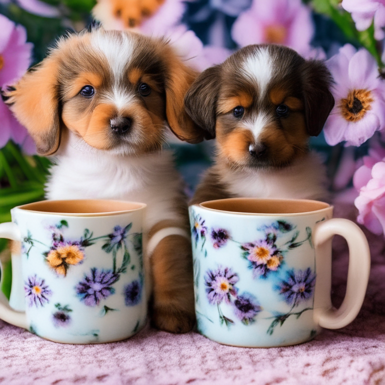 two puppies sitting next to coffee mugs with floral designs