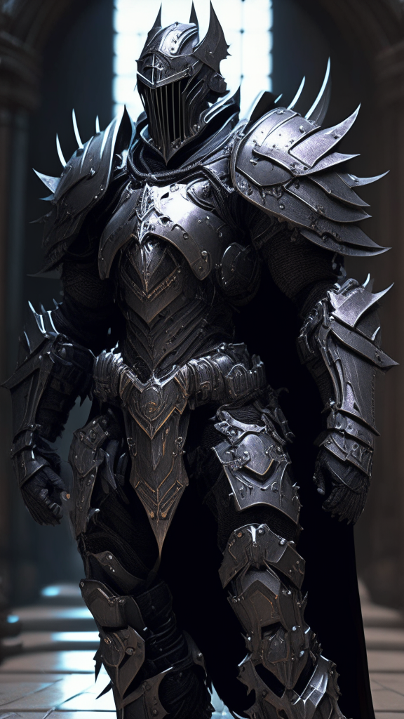 A Vostic Knight of a holy order stands ready in powered armor that combines futuristic technology with gothic elements, featuring large rounded pauldrons, religious iconography, and streamlined plates of worn gunmetal black metal with contrasting highlights as they ready an advanced weapon for monsters in a dark, gritty future world