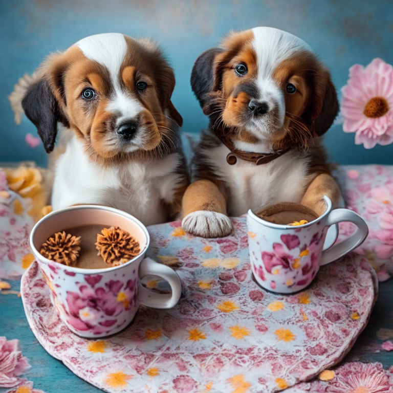 two puppies sitting next to coffee mugs with floral designs and love-shaped biscuits