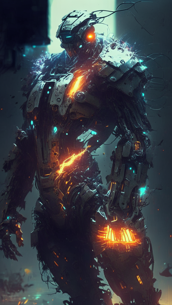 more futuristic, advanced technology, glowing elements, sci-fi, dark, gritty, worn, battle damaged