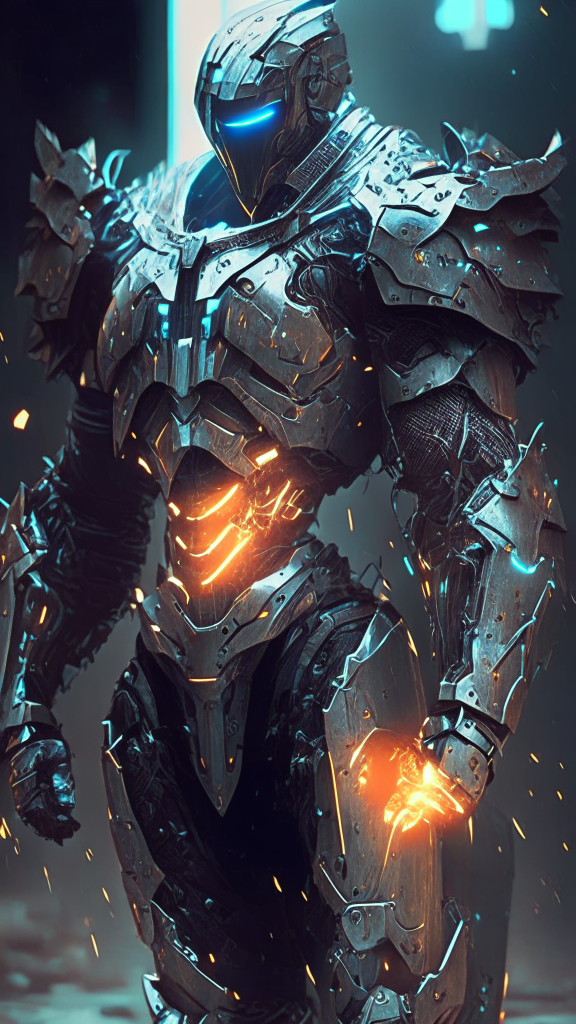 futuristic knight armor, more humanoid, less robotic, glowing elements, sci-fi, dark, gritty, worn, battle damaged