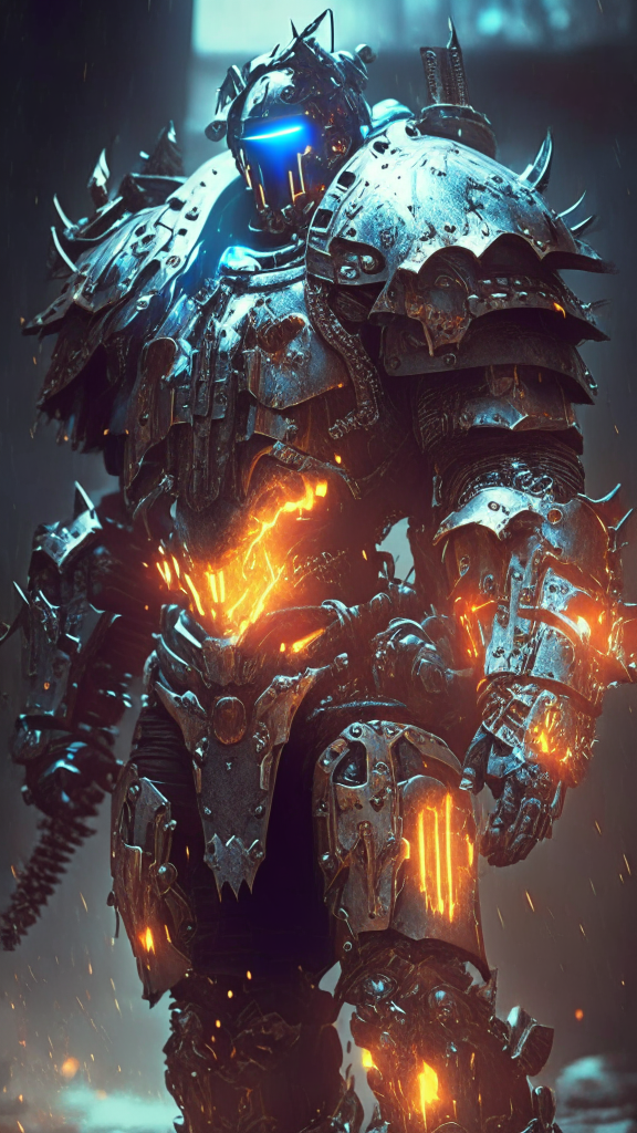 warhammer 40k style, futuristic knight armor, glowing elements, sci-fi, dark, gritty, worn, battle damaged