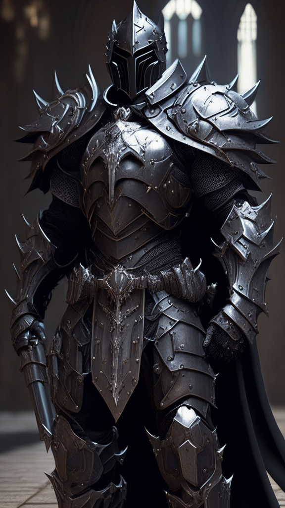A Vostic Knight of a holy order stands ready in powered armor that combines futuristic technology with gothic elements, featuring large rounded pauldrons, religious iconography, and streamlined plates of worn gunmetal black metal with contrasting highlights as the knight prepares to confront darkness...