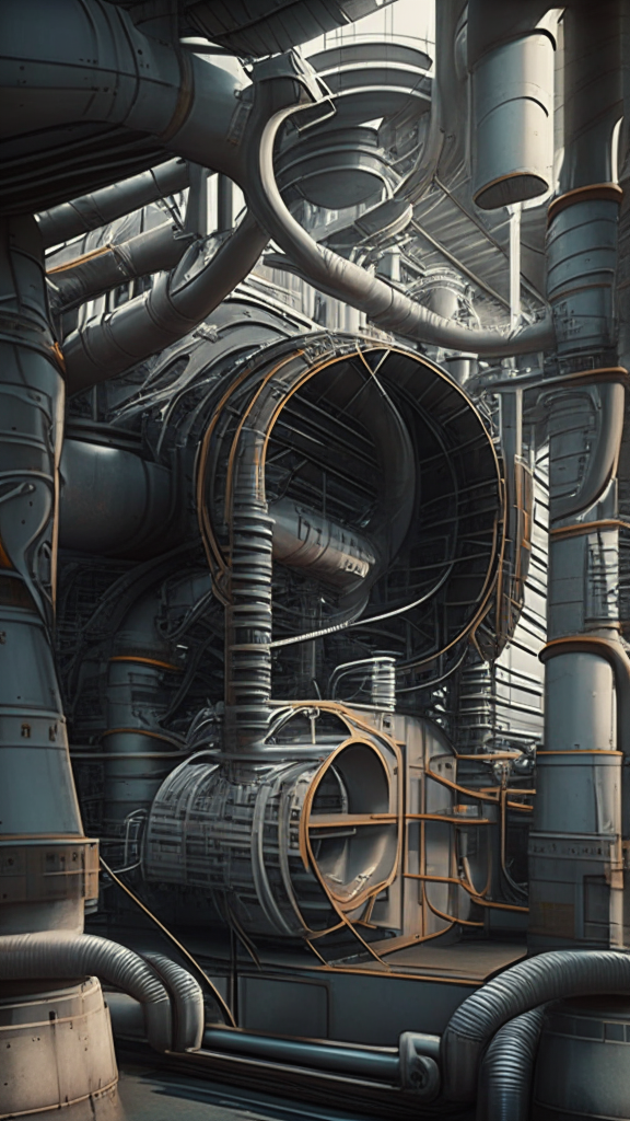 industrial future tech, hydraulic lines, vents, deck plating