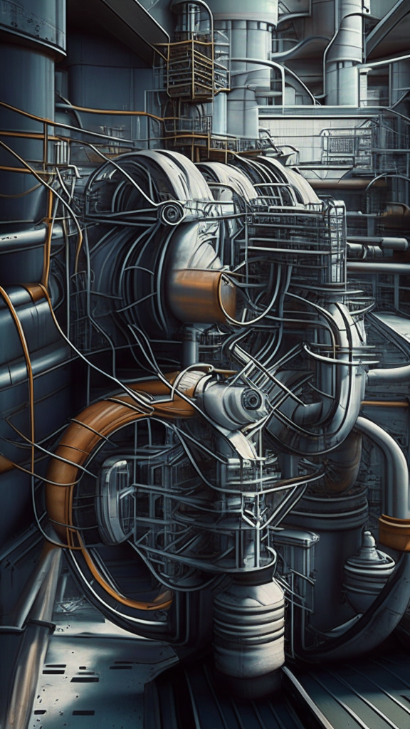 industrial future tech, hydraulic lines, vents, deck plating
