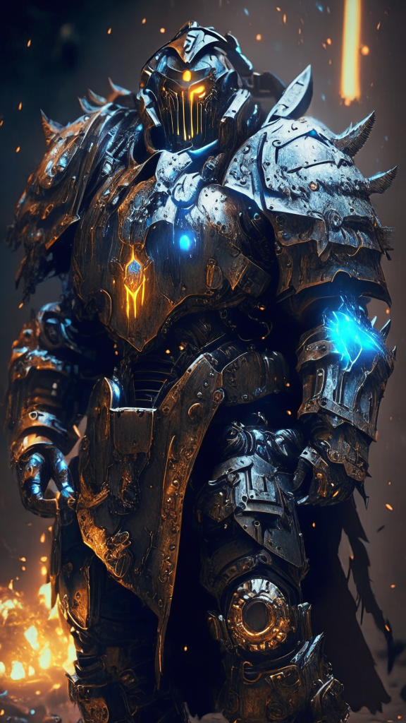 warhammer 40k style, futuristic knight armor, glowing elements, sci-fi, dark, gritty, worn, battle damaged