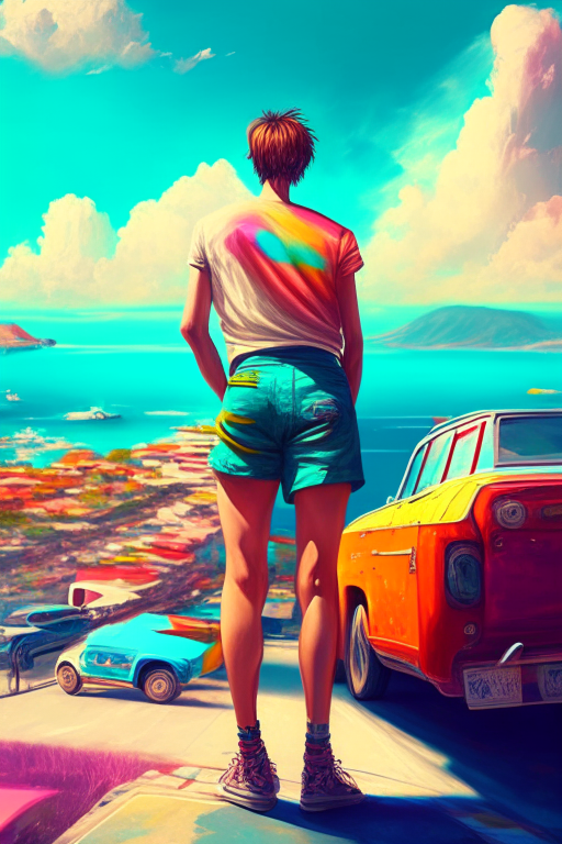 A beautiful view with colourful shorts ,cars people 