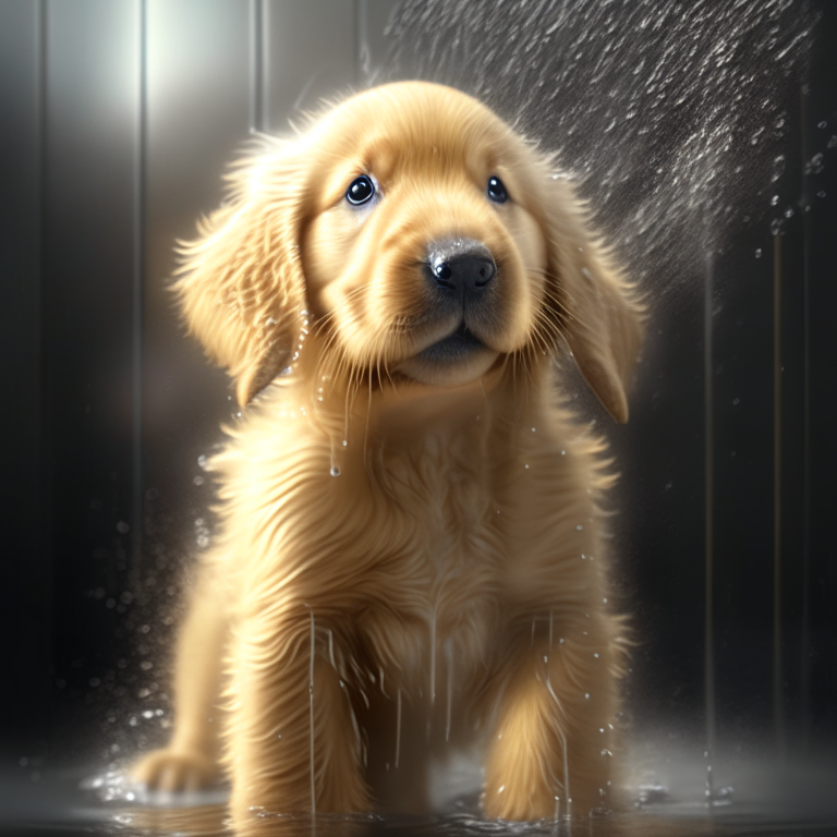 a golden retriever puppy taking a shower, realistic, 4k