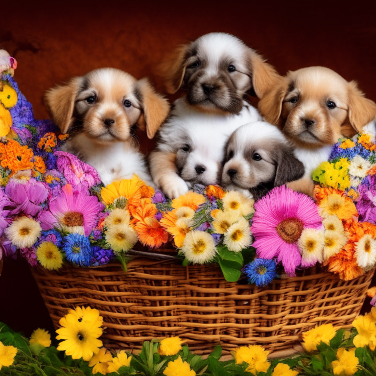 multiple puppies sitting in a large wicker basket filled with flowers, wearing colorful clothes
