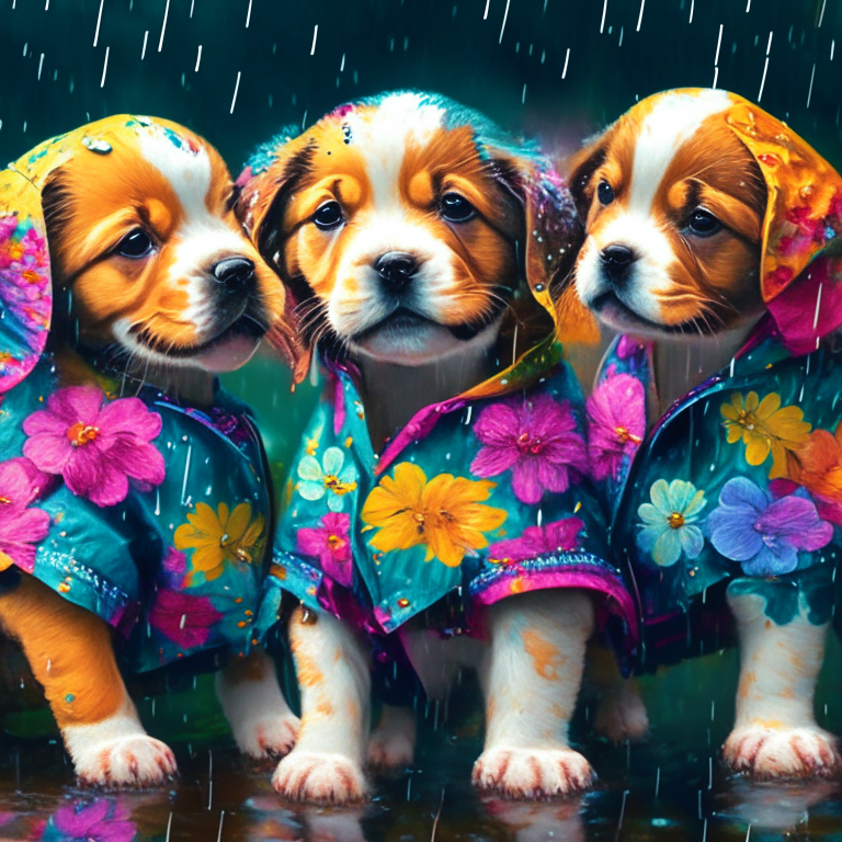 multiple puppies playing in a rainstorm, wearing colorful floral jackets