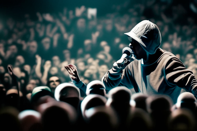 Eminem rapping on stage at a concert, crowd in background
