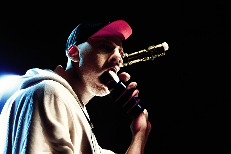 Eminem singing on stage at a concert