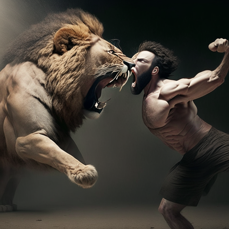 man fighting with lion