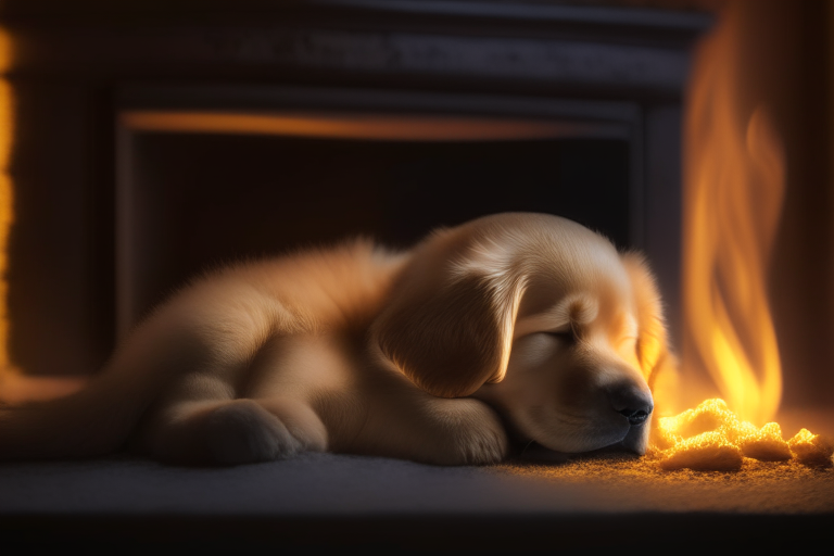 a long exposure photo of a golden retriever puppy sleeping in front of a crackling fireplace, dreamy, ethereal, soft glow, 4k