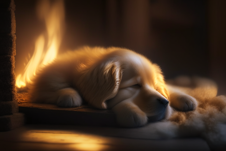 a long exposure photo of a golden retriever puppy sleeping in front of a crackling fireplace, dreamy, ethereal, soft glow, 4k