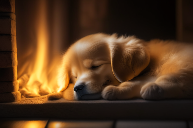 a long exposure photo of a golden retriever puppy sleeping in front of a crackling fireplace, dreamy, ethereal, soft glow, 4k
