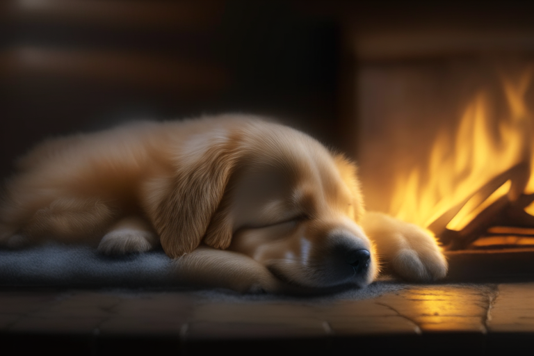 a long exposure photo of an ultra realistic golden retriever puppy sleeping in front of a crackling fireplace, dreamy, ethereal, soft glow, 4k, HD