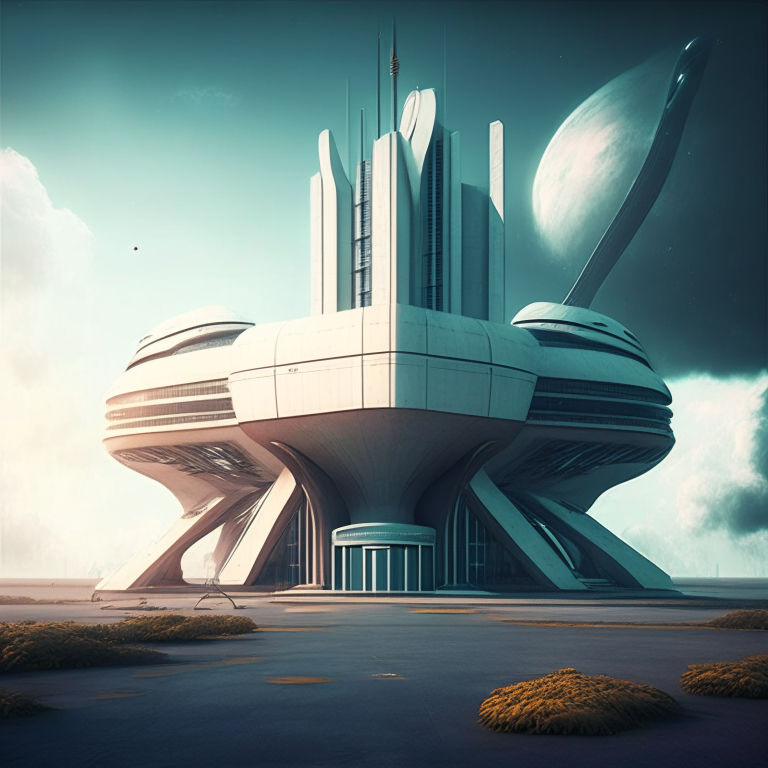 futuristic science building with space launch site in the back