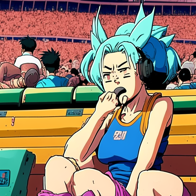Bulma From Dragón Ball In the stands of From the Seng - Am Stadium In Seoul In South Korea  ,  sitting on the side From Yajirobe From Dragón Ball With a radio playing the Yajirobe Crying Remix Making Him Cry
