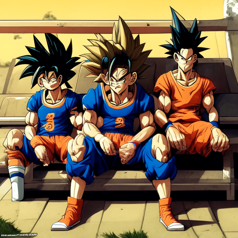 Goku, Krilin, Yamcha AND Chaos (In The Weelchair)From Dragón Ball Football Players Sitting On Bench Of From the Seng - Am Stadium In Seoul In South Korea  , 