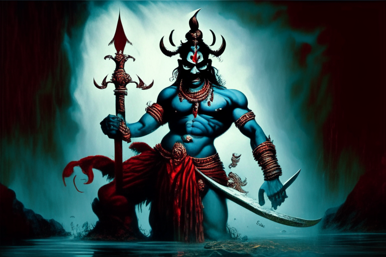 Ravan the demon king of lanka from hindu mythology ramayan holding a bog sword in a bog scale image