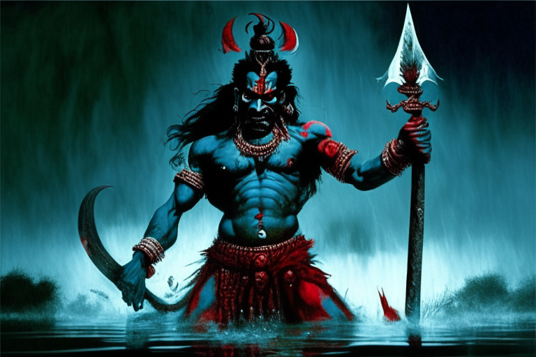 Ravan the demon king of lanka from hindu mythology ramayan holding a bog sword in a bog scale image