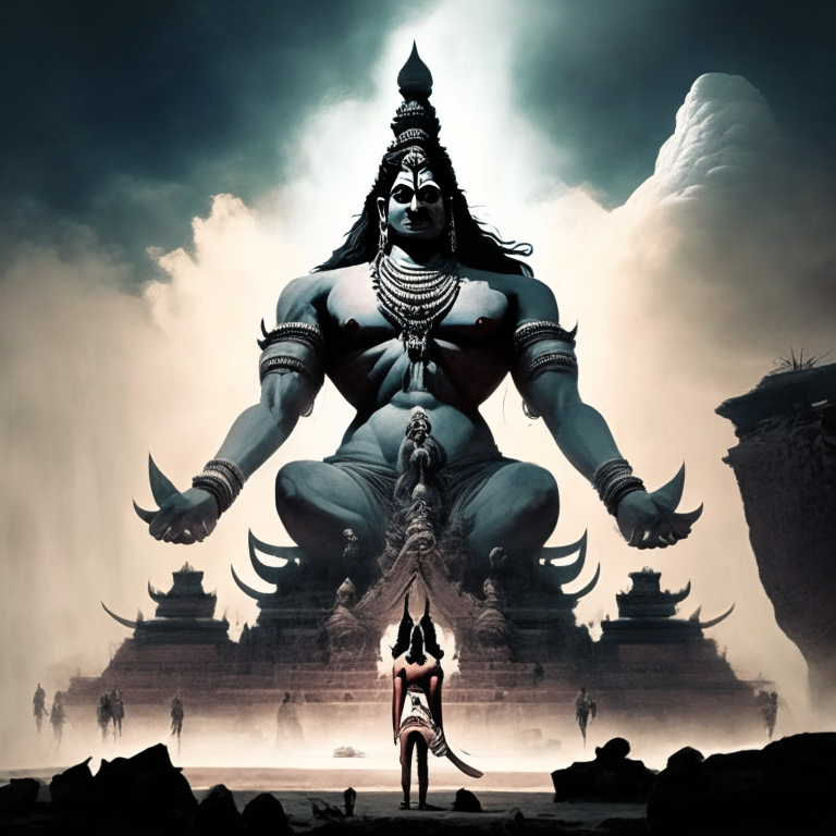 Ravan worshiping lord shiva in front of huge shivling in a large scale background.