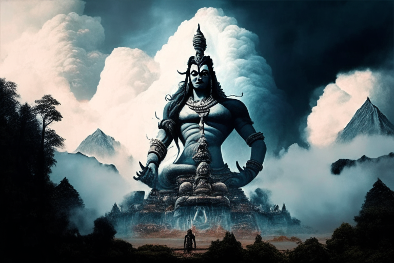 Ravan worshiping lord shiva in front of huge shiv ling in a large scale background with clouds and forest around.