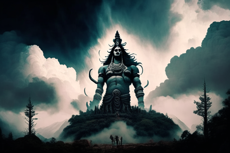 Ravan worshiping lord shiva in front of huge shiv idol in a large scale background with clouds and forest around.