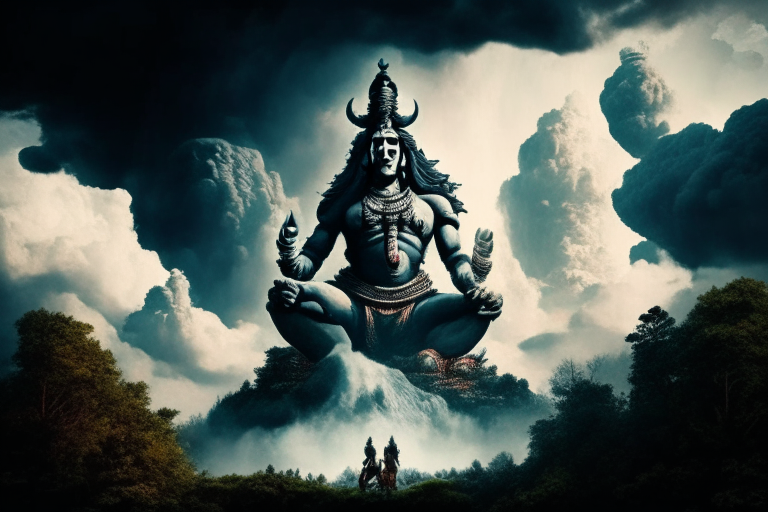 Ravan worshiping lord shiva in front of huge god shiv idol in a large scale background with clouds and forest around.