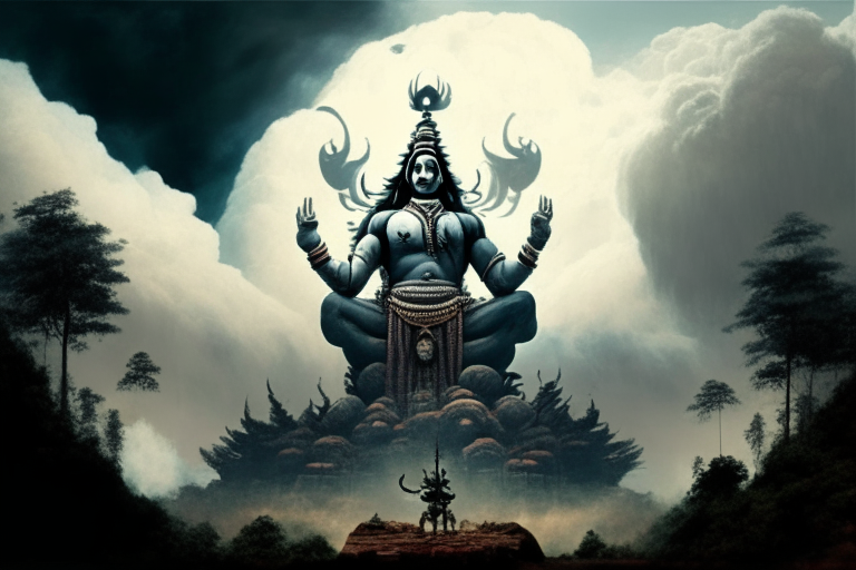 Ravan worshiping lord shiva in front of large god shiv idol in a large scale background with clouds and forest around.