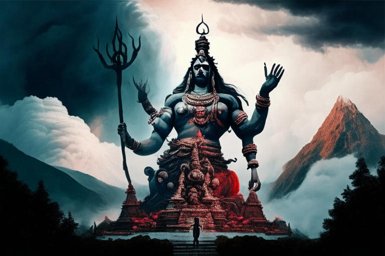 Ravan worshiping lord shiva in front of large god shiv idol with trishul in a large scale background with clouds and forest around.