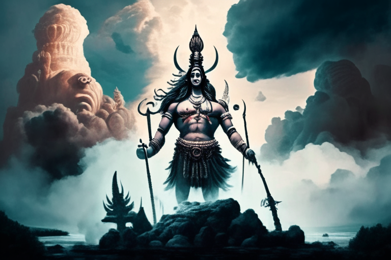 Ravan worshiping lord shiva in front of large god shiv idol with trident in hand in a large scale background with clouds and forest around.